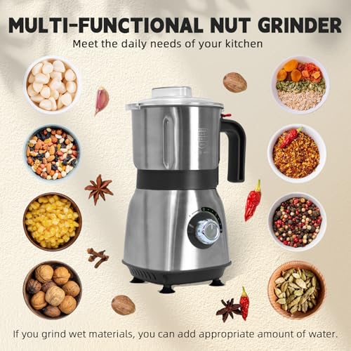 Electric Spice Grinder, Stainless Steel Blades, Dry & Wet Grain Mill (Black)